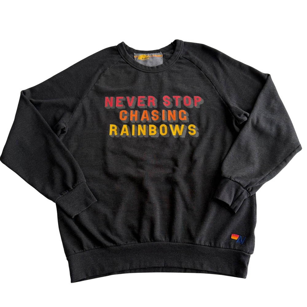 Aviator Nation Never Stop Chasing Rainbows Dark Charcoal Crew Sweatshirt XXL